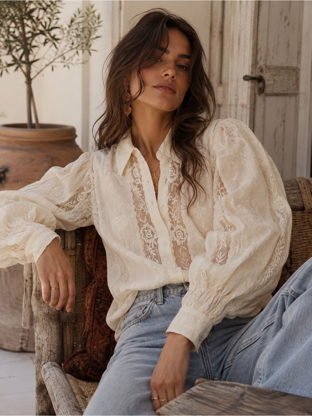 NWT Caroline Constas Cream Lace Puff-Sleeve Button Blouse with intricate details